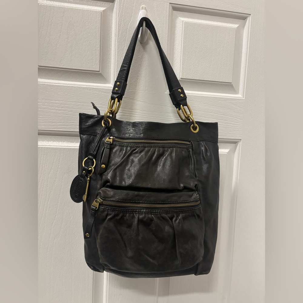 Fossil Leather Black Tote Bag Chic Slouchy Shoulder Purse 14x13” Brass Hardware